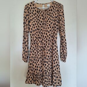 a new day Tan Leopard-Print Tie-Waist Tiered Lined Long Sleeve Dress